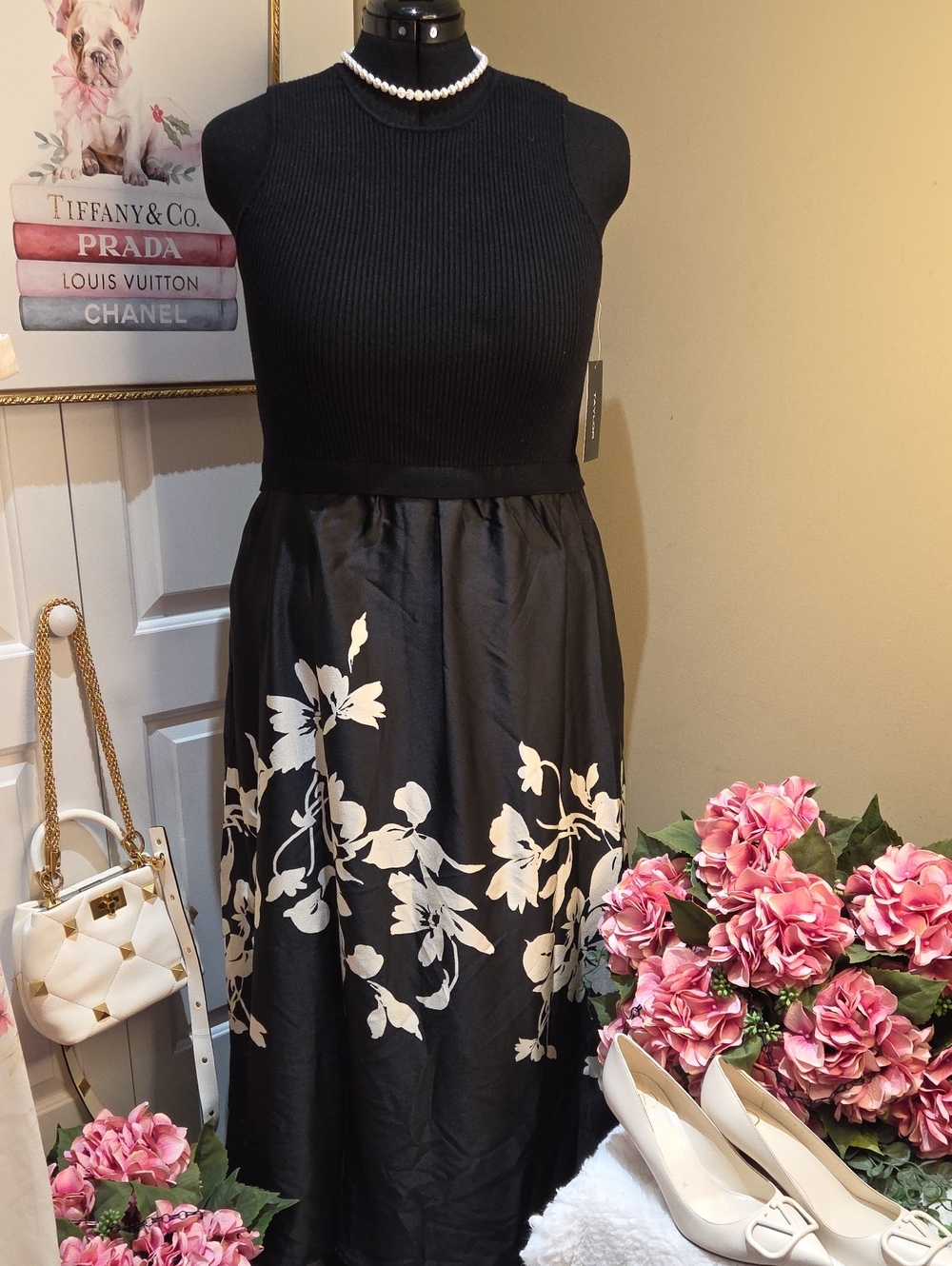 Nwt XL Taylor Black Ribbed Tank Maxi Dress with Taupe Floral Skirt